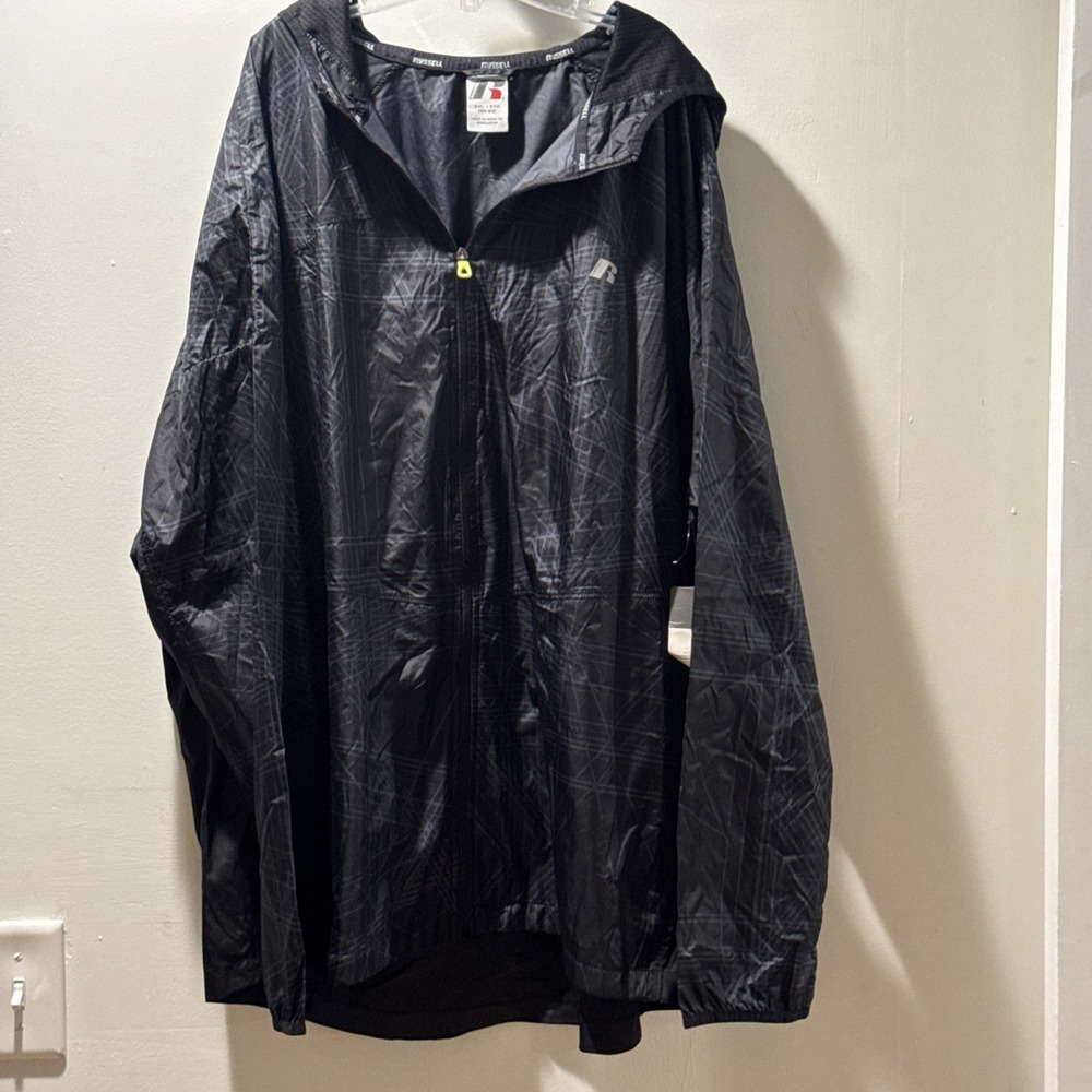 Russell Mens Wind Jacket Full Zip Hooded Black Geometric Raincoat XXL NEW